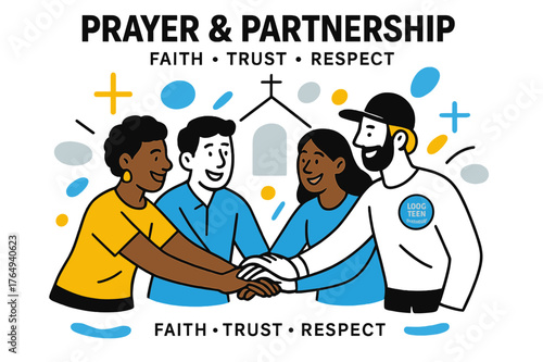 Unity and Faith. Prayer & Partnership. Two local leaders and a visiting team join hands beneath a simple church outline; a pin reads ?Long-Term Partnership.?