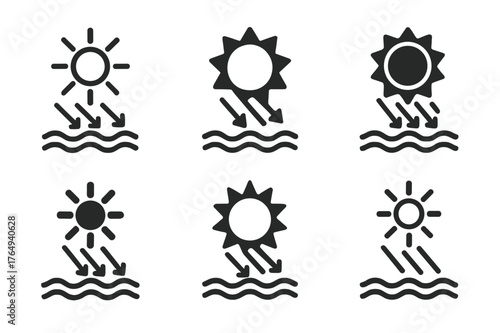 UV Rays Icons. How the Sun Affects Our Skin. Set Logo of UV Rays: Minimal outline, Negative space, Flat solid, Symmetrical form, Stylized detail, Iconic shape.