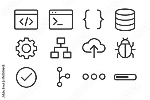 Software Icon Outline Set. Software Development. Line icon set of Software Development: code editor, terminal window, brackets, database icon, gear, flowchart,