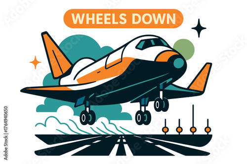 Spaceplane Touchdown. Reusable Spaceplane Landing. Gear drops, airbrakes bloom; runway lights march forward in crisp perspective. A glowing ?Wheels Down? label