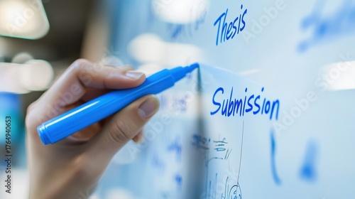 Closeup of a hand using a blue marker to write submission and thesis on a whiteboard, academic process