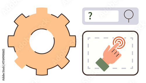 Gear symbolizing settings, hand tapping button for interaction, and search bar for queries. Ideal for technology, UIUX, development, optimization, automation digital strategy problem-solving. A