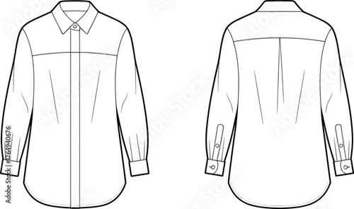 Technical flat sketch of long sleeve button-up shirt, front and back view, fashion design template, garment construction, apparel vector illustration, clothing blueprint