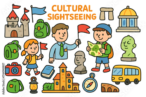Cultural Sightseeing Adventure. cultural sightseeing. Colorful Hand-drawn doodle Children illustration cultural sightseeing castle, museum, ancient monument,