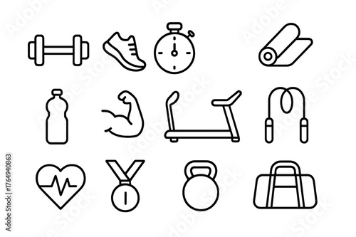 Motivational Fitness Icons. Motivational fitness. Line icon set of motivational fitness: dumbbell, running shoe, stopwatch, yoga mat, water bottle, flexed