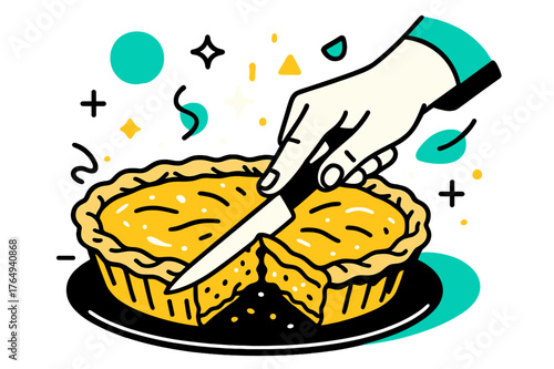 Slicing Homemade Pie. A Person Slicing into a Homemade Pie with Flaky Crust and Delicious Filling. Close-up of hand cutting pie with floating