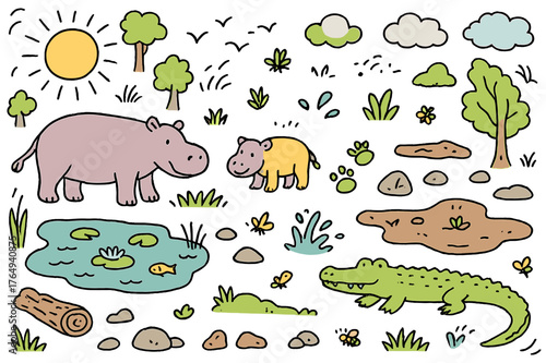 Colorful Hippo Haven. African hippos. Hand-drawn doodle illustration hippopotamus (colored), baby hippo (colored), water pond (colored), riverbank (colored),