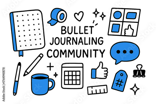 Bullet Journaling Icons. // Bullet journaling community. Hand-drawn doodle illustration Bullet journaling community [dotted notebook (accented), gel pen, washi