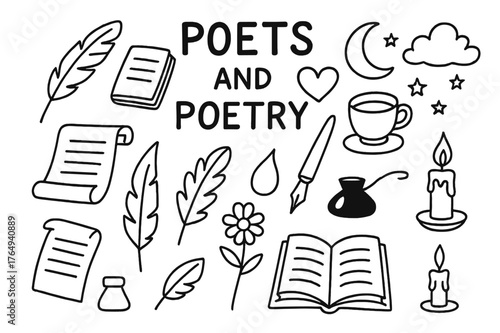 Poetic Doodle Symbols. Poets and poetry. Hand-drawn doodle illustration poets and poetry quill, notebook, heart, moon, cloud, stars, feather, scroll, ink drop,