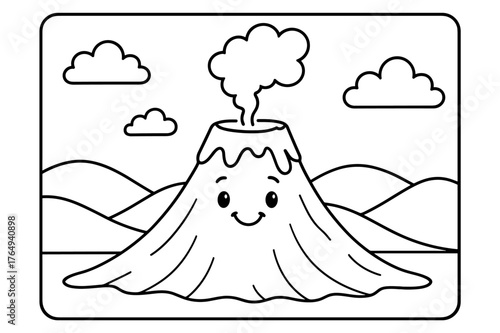 Friendly Volcano Coloring Page. Volcano children?s coloring book illustration, outlined drawing, a friendly volcano with a smiling face and a gentle puff of