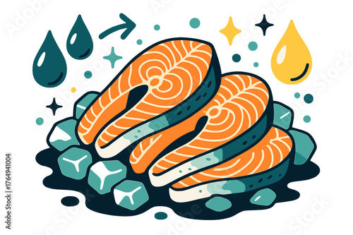 Fresh Salmon on Ice. Oily fish. Fresh salmon fillets on ice with abstract floating droplets and sparkles emphasizing freshness and healthy oils. Modern flat