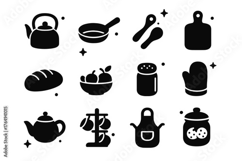 Homey Kitchen Icons. Homey Kitchen. Solid icons set of Homey Kitchen: kettle, cast iron pan, wooden spoon, cutting board, bread loaf, fruit bowl, spice jar,