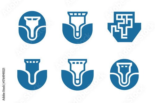 Drainage Logo Variations. Drainage pipes in trench. Set Logo of Drainage pipes in trench: catch basin feeding into subsurface drain line. harmonious logo