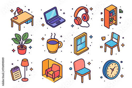 Colorful Home Workspace Icons. Finding a quiet spot for work in the house. Colorful isometric vector icons set of finding a quiet spot for work in the house: