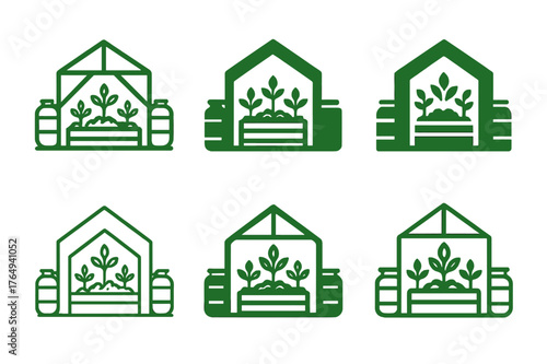 Off-Grid Logo Variations. Off-grid living solutions. Set Logo of Off-grid living solutions: a greenhouse with raised beds and water barrels. harmonious logo