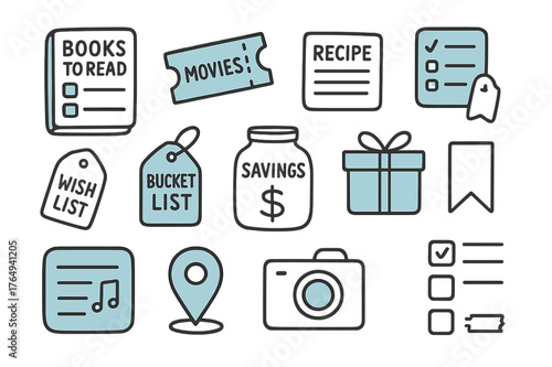 Doodle Collection Icons. // Collections pages. Hand-drawn doodle illustration Collections pages [books to read list (accented), movies ticket (accented),