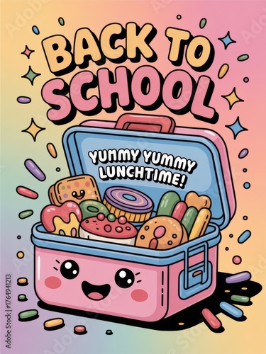 A colorful illustration of a cheerful lunchbox filled with snacks, promoting the excitement of 