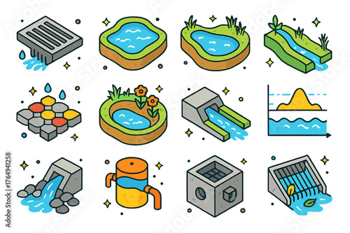 Colorful Stormwater Icons. Stormwater management. Colorful isometric vector icons set of Stormwater management: storm drain grate, detention pond, retention