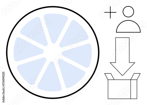 Circular chart with segmented sections, user icon, downward arrow to box, representing teamwork, task distribution, and resource management. Ideal for process mapping, agile planning, teamwork