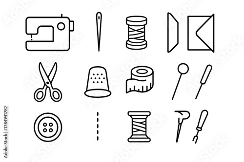 Garment Construction Icons. Garment construction. Line icon set of garment construction: sewing machine, needle, thread, fabric fold, scissors, thimble,