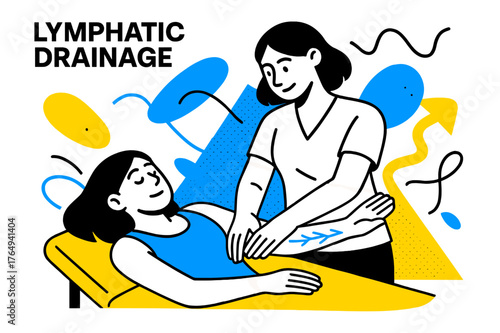 Lymphatic Drainage Techniques. Lymphatic Drainage. Therapist demonstrating lymphatic massage techniques on arms with floating abstract geometric flow shapes,