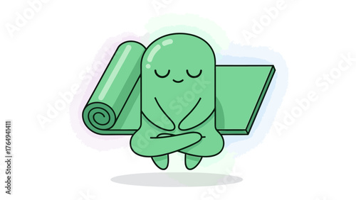 Zenith of Serenity: An animated character embodies peace, seated in a meditative pose on a yoga mat. Symbolizing relaxation and mindfulness.