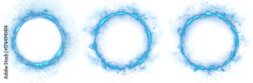 Blue energy ring light effect isolated on transparent background, glowing plasma circle with electric aura and vapor motion for sci-fi or fantasy design overlay