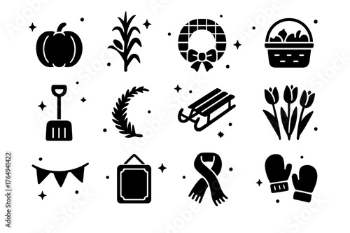 Seasonal Porch Icons. Seasonal Farmhouse Porch. Solid icons set of Seasonal Farmhouse Porch: pumpkin, corn stalk, plaid wreath, harvest basket, snow shovel,