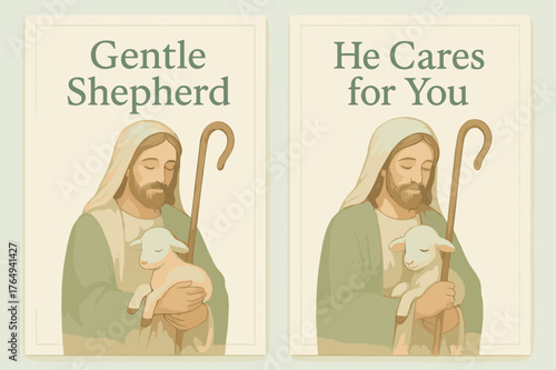 Gentle Shepherd Banners. Gentle Shepherd. Two vertical A6 banners with safe margins, centered composition, no elements touching edges, pastel, sage and cream,