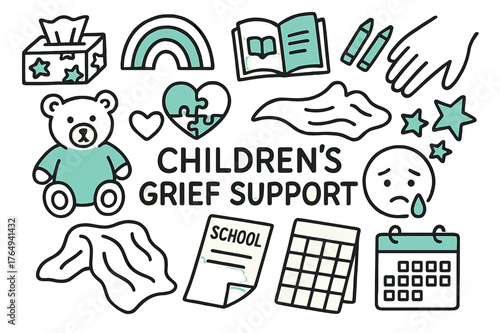 Children's Grief Icons. // Children?s grief support. Hand-drawn doodle illustration Children?s grief support [stuffed bear (accented), crayons (accented),