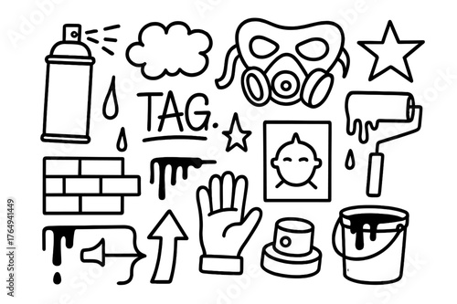 Street Art Icons. Street art. Hand-drawn doodle illustration street art spray can, mask, brick wall, roller, tag symbol, stencil, cap, cloud, arrow, paint