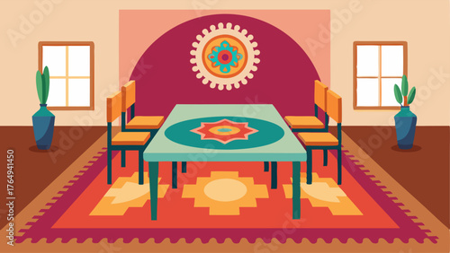 A dining room with a large colorful boho rug layered over a hardwood floor.