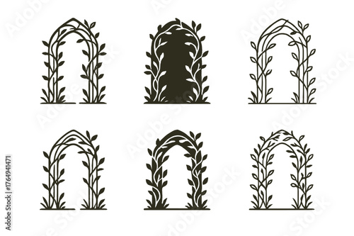 Enchanted Doorway Logos. Enchanted doorway. Set Logo of Enchanted doorway: vine-wrapped arch. harmonious logo variations of the same emblematic concept, each