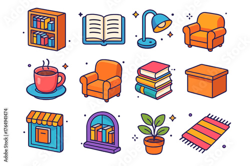 Book Lover's Paradise. Book haven. Colorful isometric vector icons set of book haven: bookshelf, open book, reading lamp, coffee cup, armchair, book stack,