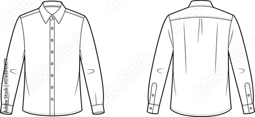 Technical flat sketch of long sleeve button-up shirt, front and back view, fashion design template, garment construction, apparel vector illustration, clothing layout