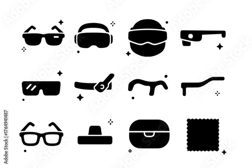 Augmented Reality Icons. augmented reality headsets. Solid icons set of augmented reality headsets: smart glasses, visor headset, mixed reality helmet,