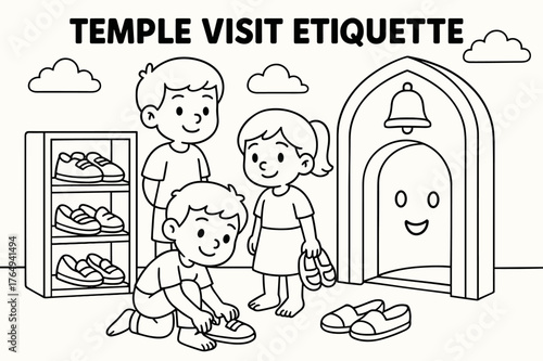 Temple Visit Coloring. Temple visit etiquette children?s coloring book illustration, outlined drawing, visitors removing shoes and placing them on a rack near