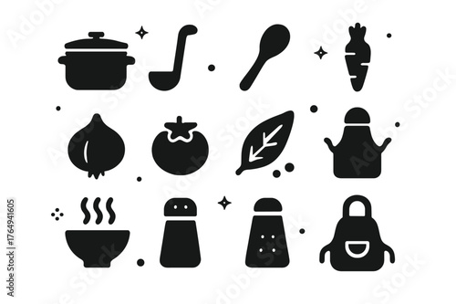 Soup & Stew Icons. Soup and Stew Cooking. Solid icons set of Soup and Stew Cooking: pot, ladle, wooden spoon, carrot, onion, tomato, bay leaf, peppercorns,