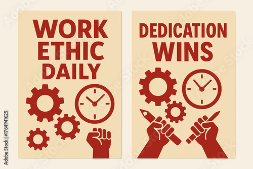 Work Ethic Banners. Work ethic daily. Two vertical A6 banners with safe margins, centered composition, no elements touching edges, flat vector design, red and