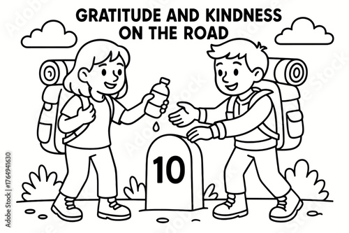 Travelers Helping Each Other. Gratitude and kindness on the road children?s coloring book illustration, outlined drawing, travelers sharing water and helping
