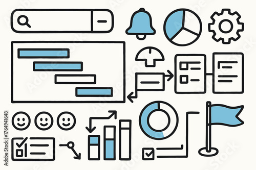 Project Dashboard Doodle. // Project management dashboard. Hand-drawn doodle illustration Project management dashboard [gantt bars (accented), pie chart