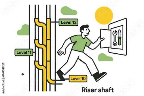 Modern Riser Shaft Diagram. Riser Shaft Diagram. Vertical ducts climb past floors like subway lines; each level glows with a small ?Level / / ? marker. A