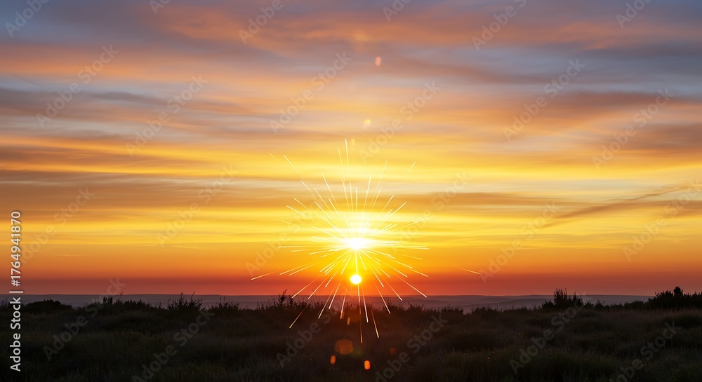 Obraz premium Vibrant Sunset Over a Serene Landscape with Silhouetted Horizon.