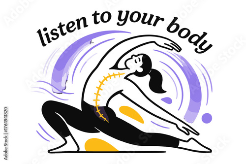Somatic Movement Energy. Somatic Movement Flow. A figure stretches in motion blur arcs; energy lines pulse along the spine. The phrase ?listen to your body?