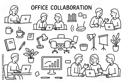 Office Collaboration Doodle. Office Collaboration. Hand-drawn doodle illustration Office Collaboration people discussing, laptops, desks, chairs, coffee cups,