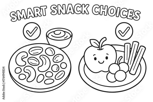 Healthy Snack Choices. Smart snack choices children?s coloring book illustration, outlined drawing, two small plates showing nuts, yogurt, fruit, and veggie
