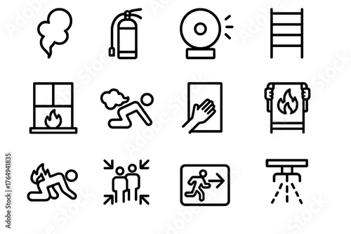Fire Safety Icons. Fire Escape. Line icon set of Fire Escape: smoke plume, fire extinguisher, alarm bell, emergency ladder, window exit, crawl low under smoke,