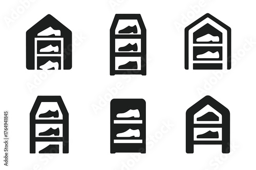 Shoe Rack Logos. home storage solutions. Set Logo of home storage solutions: shoe rack tower. harmonious logo variations of the same emblematic concept, each