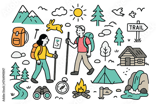 Colorful Hiking Adventure. Hiking. Hand-drawn doodle illustration hikers (colored), mountain peaks (colored), backpack (colored), walking stick (colored),