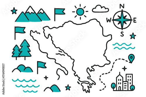 Balkans Geography Doodle. // Balkans geography. Hand-drawn doodle illustration Balkans geography [peninsula map (accented), mountains (accented), coastline